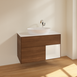 Тумба под раковину Villeroy & Boch Finion 100х50,1 см с подсветкой МДФ шпон грецкого ореха/стекло белое матовое F901GFGN