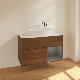 Тумба под раковину Villeroy & Boch Finion 100х50,1 см с подсветкой МДФ шпон грецкого ореха/стекло белое матовое F901GKGN