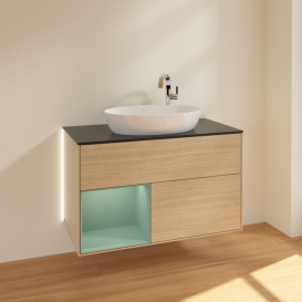 Тумба под раковину Villeroy & Boch Finion 100х50,1 см с подсветкой МДФ шпон дуба/стекло черное матовое G892GMPC