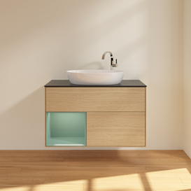 Тумба под раковину Villeroy & Boch Finion 100х50,1 см с подсветкой МДФ шпон дуба/стекло черное матовое G892GMPC