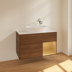 Тумба под раковину Villeroy & Boch Finion 100х50,1 см с подсветкой МДФ шпон грецкого ореха/стекло белое матовое F901HFGN