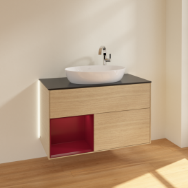 Тумба под раковину Villeroy & Boch Finion 100х50,1 см с подсветкой МДФ шпон дуба/стекло черное матовое G892HBPC