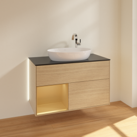 Тумба под раковину Villeroy & Boch Finion 100х50,1 см с подсветкой МДФ шпон дуба/стекло черное матовое G892HFPC