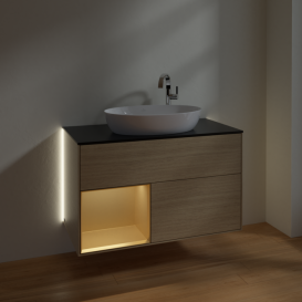 Тумба под раковину Villeroy & Boch Finion 100х50,1 см с подсветкой МДФ шпон дуба/стекло черное матовое G892HFPC