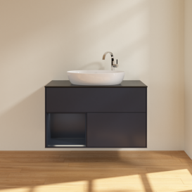 Тумба под раковину Villeroy & Boch Finion 100х50,1 см с подсветкой МДФ темно-синий матовый лак/стекло черное матовое G892HGHG