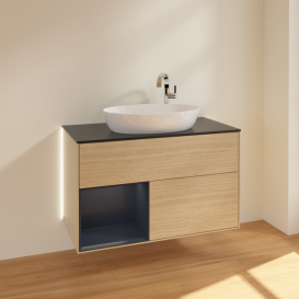 Тумба под раковину Villeroy & Boch Finion 100х50,1 см с подсветкой МДФ шпон дуба/стекло черное матовое G892HGPC