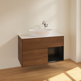 Тумба под раковину Villeroy & Boch Finion 100х50,1 см с подсветкой МДФ шпон грецкого ореха/стекло белое матовое F901PDGN