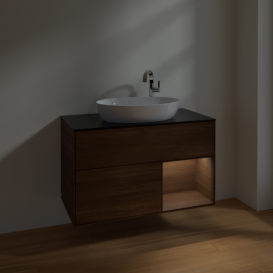 Тумба под раковину Villeroy & Boch Finion 100х50,1 см с подсветкой МДФ шпон грецкого ореха/стекло черное матовое F902GNGN