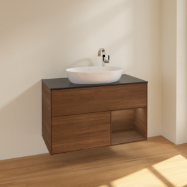 Тумба под раковину Villeroy & Boch Finion 100х50,1 см с подсветкой МДФ шпон грецкого ореха/стекло черное матовое F902GNGN