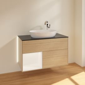 Тумба под раковину Villeroy & Boch Finion 100х50,1 см с подсветкой МДФ шпон дуба/стекло черное матовое G892MTPC