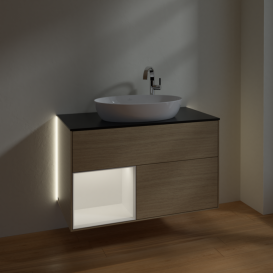 Тумба под раковину Villeroy & Boch Finion 100х50,1 см с подсветкой МДФ шпон дуба/стекло черное матовое G892MTPC