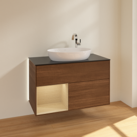 Тумба под раковину Villeroy & Boch Finion 100х50,1 см с подсветкой МДФ шпон грецкого ореха/стекло черное матовое G892PCGN