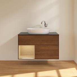 Тумба под раковину Villeroy & Boch Finion 100х50,1 см с подсветкой МДФ шпон грецкого ореха/стекло черное матовое G892PCGN