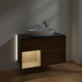 Тумба под раковину Villeroy & Boch Finion 100х50,1 см с подсветкой МДФ шпон грецкого ореха/стекло черное матовое G892PCGN