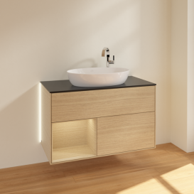 Тумба под раковину Villeroy & Boch Finion 100х50,1 см с подсветкой МДФ шпон дуба/стекло черное матовое G892PCPC