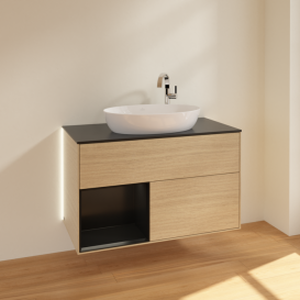 Тумба под раковину Villeroy & Boch Finion 100х50,1 см с подсветкой МДФ шпон дуба/стекло черное матовое G892PDPC
