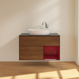 Тумба под раковину Villeroy & Boch Finion 100х50,1 см с подсветкой МДФ шпон грецкого ореха/стекло черное матовое F902HBGN