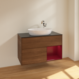 Тумба под раковину Villeroy & Boch Finion 100х50,1 см с подсветкой МДФ шпон грецкого ореха/стекло черное матовое F902HBGN