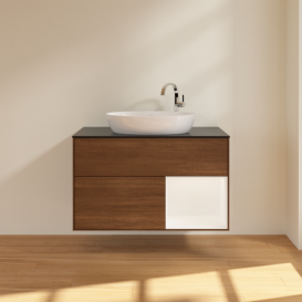 Тумба под раковину Villeroy & Boch Finion 100х50,1 см с подсветкой МДФ шпон грецкого ореха/стекло черное матовое F902MTGN