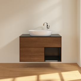 Тумба под раковину Villeroy & Boch Finion 100х50,1 см с подсветкой МДФ шпон грецкого ореха/стекло черное матовое F902PDGN