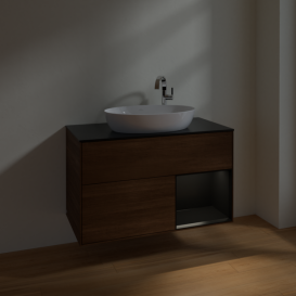 Тумба под раковину Villeroy & Boch Finion 100х50,1 см с подсветкой МДФ шпон грецкого ореха/стекло черное матовое F902PDGN