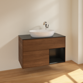 Тумба под раковину Villeroy & Boch Finion 100х50,1 см с подсветкой МДФ шпон грецкого ореха/стекло черное матовое F902PDGN