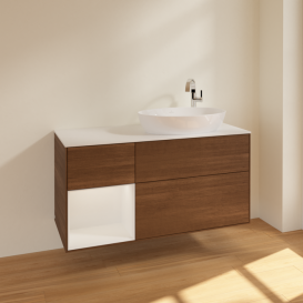 Тумба под раковину Villeroy & Boch Finion 120х50,1 см с подсветкой МДФ шпон грецкого ореха/стекло белое матовое F921GFGN