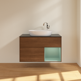 Тумба под раковину Villeroy & Boch Finion 100х50,1 см с подсветкой МДФ шпон грецкого ореха/стекло черное матовое F902GMGN