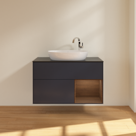 Тумба под раковину Villeroy & Boch Finion 100х50,1 см с подсветкой МДФ темно-синий матовый лак/стекло черное матовое F902GNHG