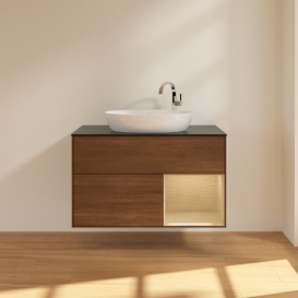 Тумба под раковину Villeroy & Boch Finion 100х50,1 см с подсветкой МДФ шпон грецкого ореха/стекло черное матовое F902PCGN