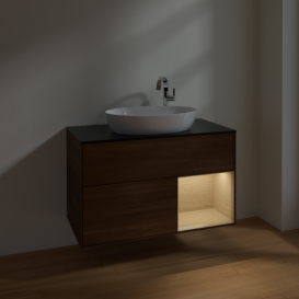 Тумба под раковину Villeroy & Boch Finion 100х50,1 см с подсветкой МДФ шпон грецкого ореха/стекло черное матовое F902PCGN