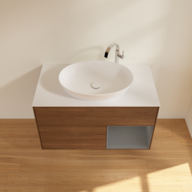 Тумба под раковину Villeroy & Boch Finion 100х50,1 см с подсветкой МДФ шпон грецкого ореха/стекло белое матовое G901GKGN