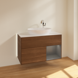 Тумба под раковину Villeroy & Boch Finion 100х50,1 см с подсветкой МДФ шпон грецкого ореха/стекло белое матовое G901GKGN