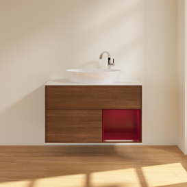 Тумба под раковину Villeroy & Boch Finion 100х50,1 см с подсветкой МДФ шпон грецкого ореха/стекло белое матовое G901HBGN