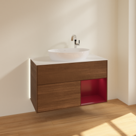 Тумба под раковину Villeroy & Boch Finion 100х50,1 см с подсветкой МДФ шпон грецкого ореха/стекло белое матовое G901HBGN