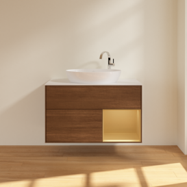 Тумба под раковину Villeroy & Boch Finion 100х50,1 см с подсветкой МДФ шпон грецкого ореха/стекло белое матовое G901HFGN