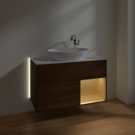 Тумба под раковину Villeroy & Boch Finion 100х50,1 см с подсветкой МДФ шпон грецкого ореха/стекло белое матовое G901HFGN