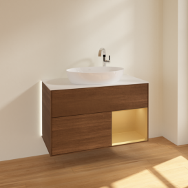 Тумба под раковину Villeroy & Boch Finion 100х50,1 см с подсветкой МДФ шпон грецкого ореха/стекло белое матовое G901HFGN