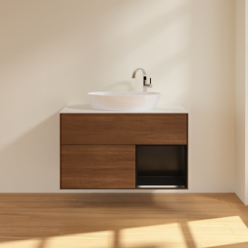 Тумба под раковину Villeroy & Boch Finion 100х50,1 см с подсветкой МДФ шпон грецкого ореха/стекло белое матовое G901PDGN