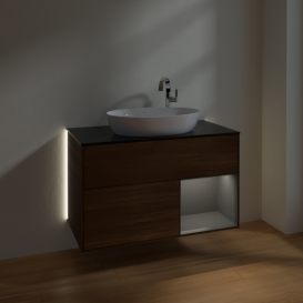 Тумба под раковину Villeroy & Boch Finion 100х50,1 см с подсветкой МДФ шпон грецкого ореха/стекло черное матовое G902GKGN