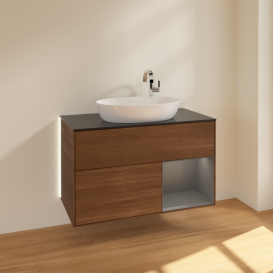 Тумба под раковину Villeroy & Boch Finion 100х50,1 см с подсветкой МДФ шпон грецкого ореха/стекло черное матовое G902GKGN