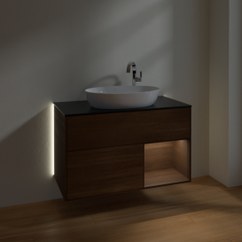 Тумба под раковину Villeroy & Boch Finion 100х50,1 см с подсветкой МДФ шпон грецкого ореха/стекло черное матовое G902GNGN