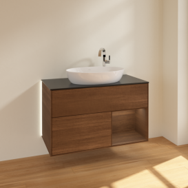 Тумба под раковину Villeroy & Boch Finion 100х50,1 см с подсветкой МДФ шпон грецкого ореха/стекло черное матовое G902GNGN
