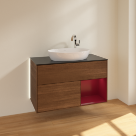 Тумба под раковину Villeroy & Boch Finion 100х50,1 см с подсветкой МДФ шпон грецкого ореха/стекло черное матовое G902HBGN