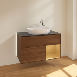 Тумба под раковину Villeroy & Boch Finion 100х50,1 см с подсветкой МДФ шпон грецкого ореха/стекло черное матовое G902HFGN