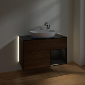 Тумба под раковину Villeroy & Boch Finion 100х50,1 см с подсветкой МДФ шпон грецкого ореха/стекло черное матовое G902PDGN
