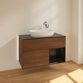 Тумба под раковину Villeroy & Boch Finion 100х50,1 см с подсветкой МДФ шпон грецкого ореха/стекло черное матовое G902PDGN