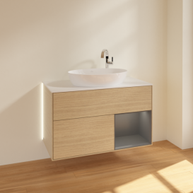 Тумба под раковину Villeroy & Boch Finion 100х50,1 см с подсветкой МДФ шпон дуба/стекло белое матовое G901GKPC