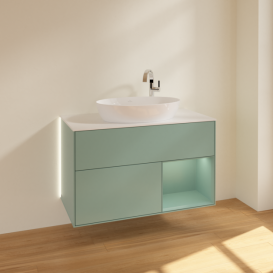Тумба під раковину Villeroy & Boch Finion 100х50,1 см із підсвічуванням МДФ оливковий матовий лак/скло біле матове G901GMGM