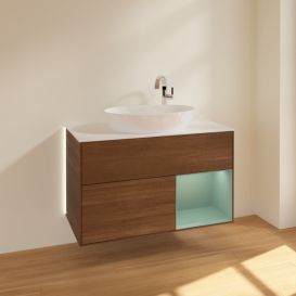 Тумба под раковину Villeroy & Boch Finion 100х50,1 см с подсветкой МДФ шпон грецкого ореха/стекло белое матовое G901GMGN